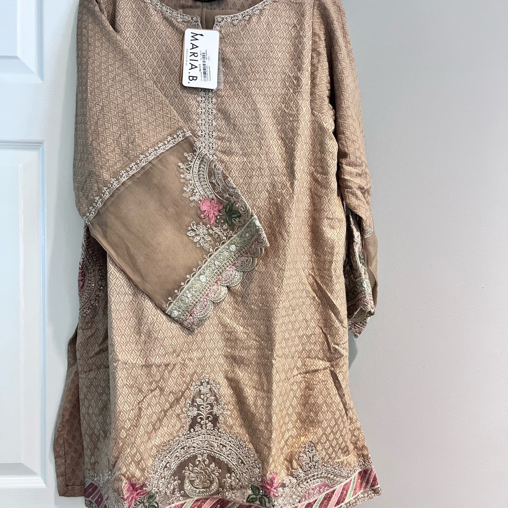 Pakistani Indian Maria B Embroidered Tan Kurta and duppata